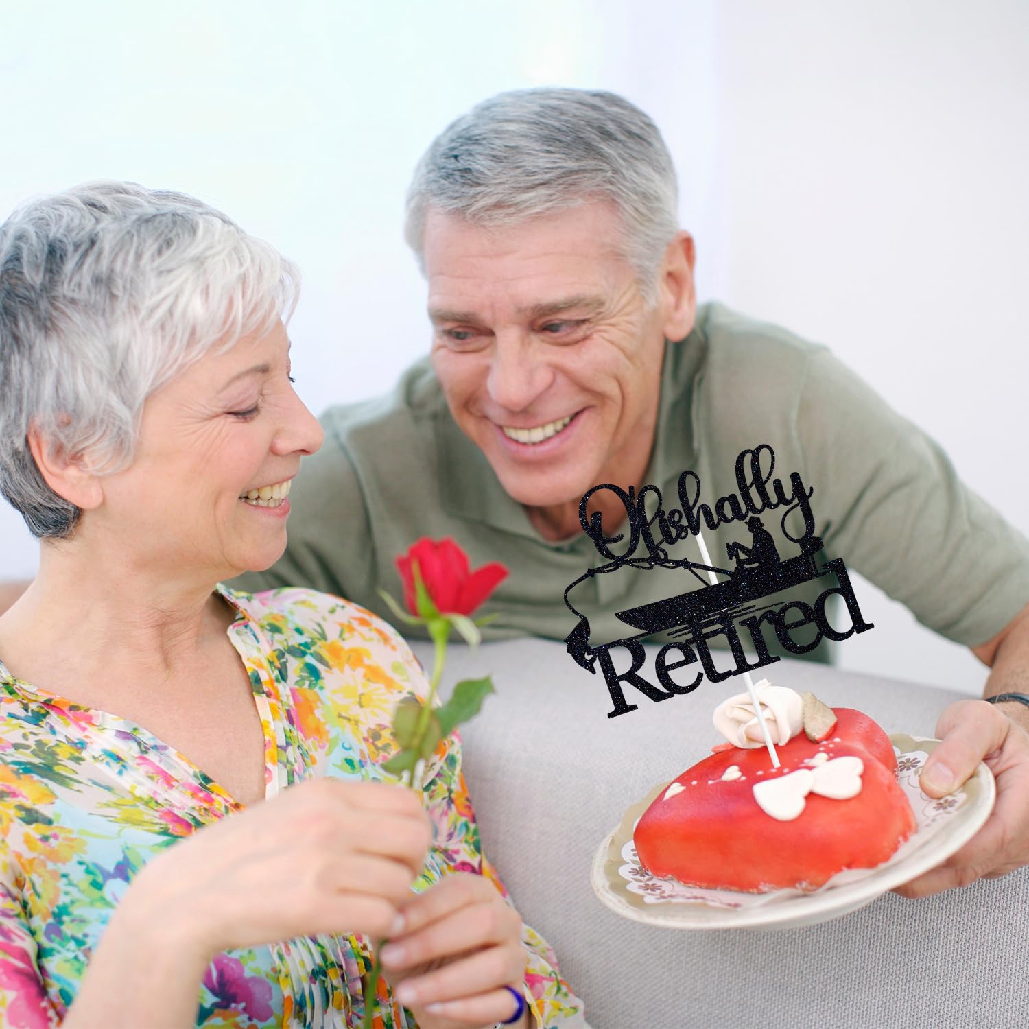 "Ofishally Retired" Cake Topper - Fishing Theme Funny Retirement Party Decor, Black Glitter