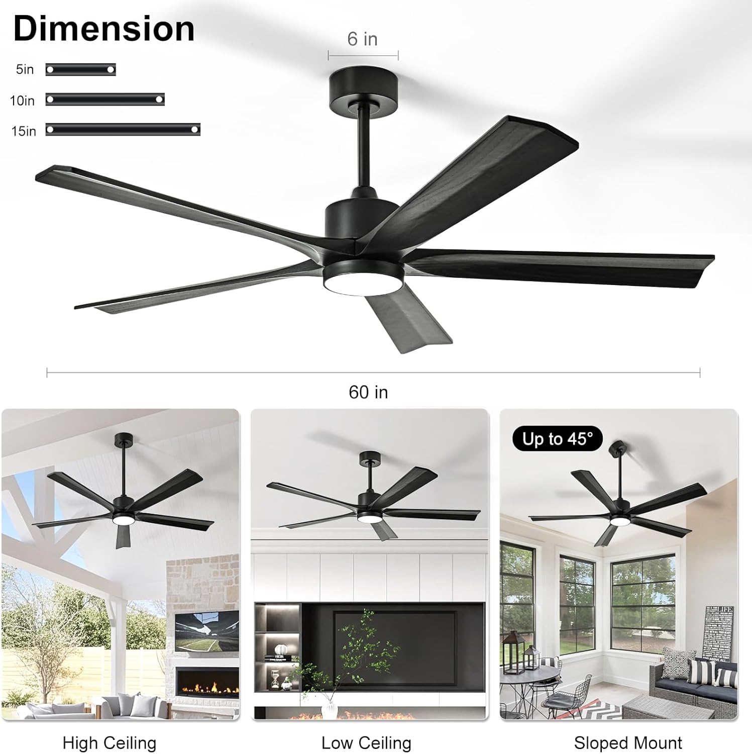heimo 60 Inch Black Ceiling Fans with Lights and Remote Control, Wood Indoor Outdoor Ceiling Fan for Patios Bedroom Dining Living Room 5 Blade Extra Large Inside Reversible Ceiling Fan