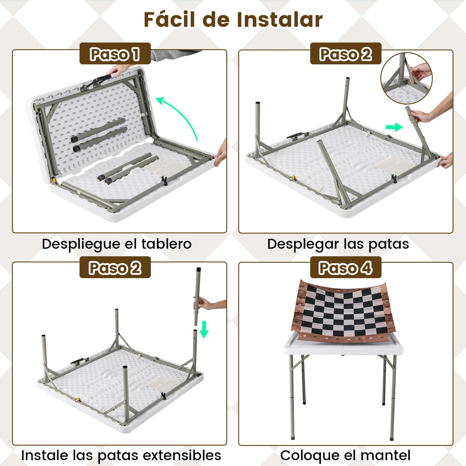 COSTWAY Mesa de Ajedrez Plegable, Mesa de Cartas Cuadrada con Tapete Desmontable y 4 Soportes para Vasos, Tablero de Plástico Portátil con Asa de Transporte para Fiestas, Picnic, Camping, 90x90x74 cm