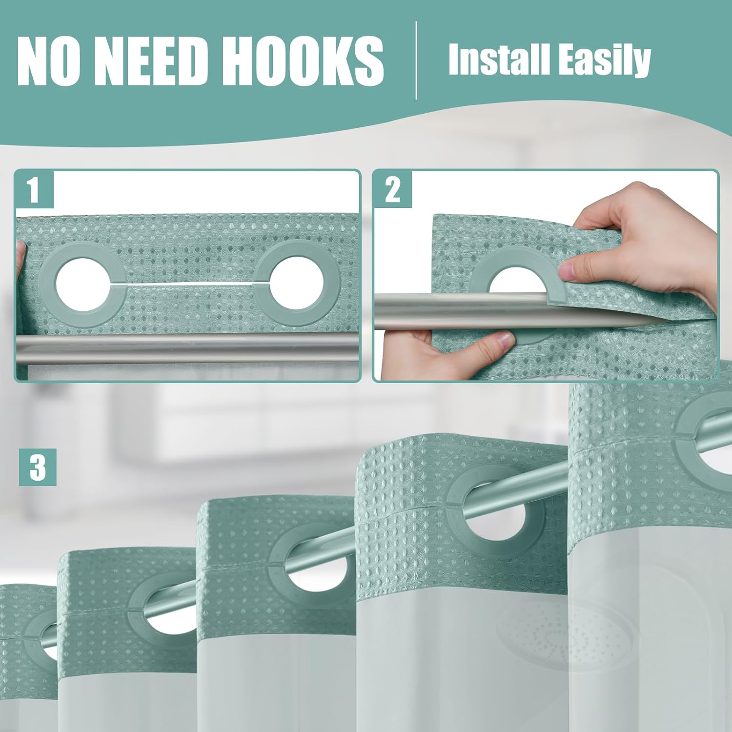 VANZAVANZU No Hooks Required 256GSM Waffle Weave Shower Curtain, with Mesh Top Window, Hotel Luxury Quality, Waterproof, Machine Washable, Weighted Hem, 72 x 75, Turquoise