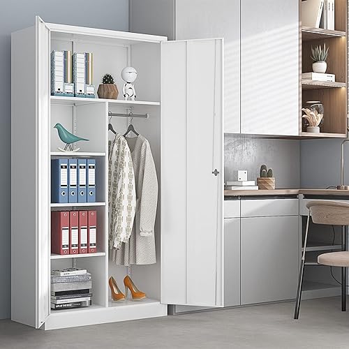 Miniatura 7 de Yizosh Armario de metal para colgar ropa con puertas de cerradura, armario de acero con cerradura de 72 pulgadas, organizador de ropa para