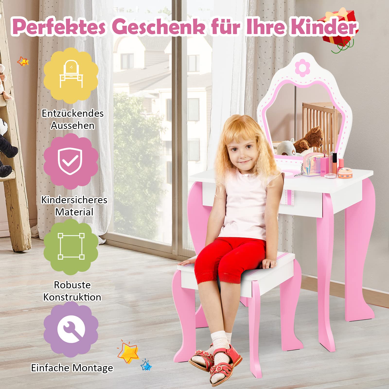 GOPLUS Kaptafel voor kinderen, kaptafel met palletspiegel, 2-in-1 kaptafel met lade, kaptafel met kleine roze bloemen voor meisjes, perfect voor kinderkamer, wit