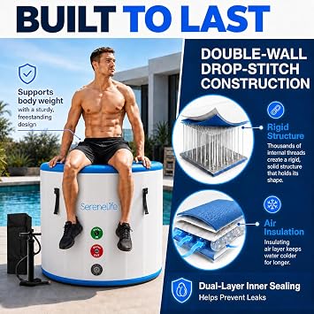 SereneLife Inflatable Cold Plunge Tub Ice Bath, 85 Gal One Person Ice Bath Tub with Lid, Drop Stitch PVC, Double Layer Seals, Heavy Duty Cold Plunge for Athletes