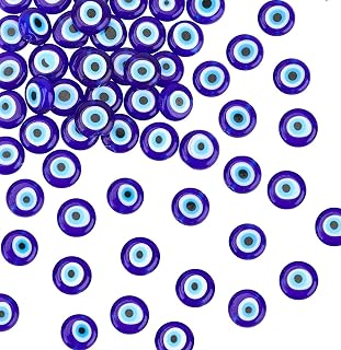 NBEADS 14.1"/Strand (about 38pcs) 9.5mm Handmade Evil Eye Lampwork Beads, Blue Color Flat Round Lampwork Spacer Beads DIY Crafts Evil Eye Charms for DIY Bracelets Necklace Jewelry Making