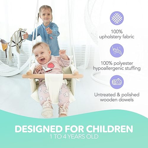 Miniatura 10 de CaTeam - Columpio de lona para bebé, silla colgante de madera con cinturón de seguridad, columpio duradera para bebé, columpio para exteriores e