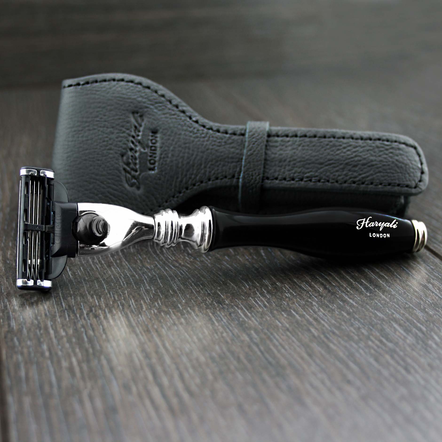 Ha2ryali London Mens Shaving Kit 3 Edge Razor with Synthetic Badger Hair Brush Comes in Leather Case Travel Pouch Perfect Set for Men