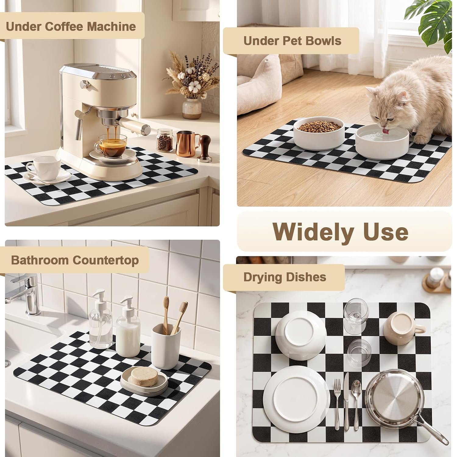 Hotlive Checkered Dish Drying Mats for Kitchen Counter, Black 16" x 20"