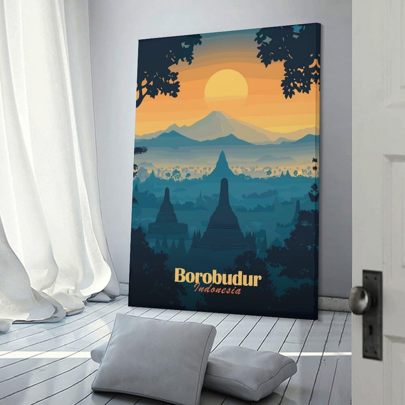 Junmoney Borobudur Temple Sunset Wall Picture Print 20x30inch(50x75cm), for Apartment Walls, Studios Or Work Areas, A Simple Refresh for Blank Walls