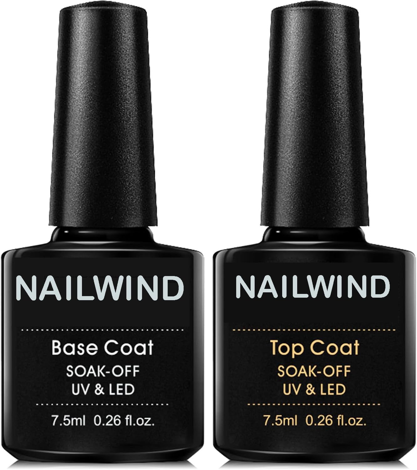 NAILWIND Gel Nail Polish top Coat and Base Coat 2 Pcs Set, No Wipe Tempered Top Coat Soak off gel, Quick Drying, Long Lasting, 7.5ml