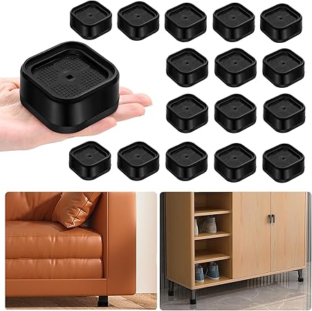 shouwuhho 16 Pack Furniture Risers Adjustable Bed Risers Heavy Duty Lifts Height 1", Square Stackable Bed Risers 1, 2 or 3 Inch for Desk Leg Table Couch Sofa Chair Bed Frame Legs Dorm, Black