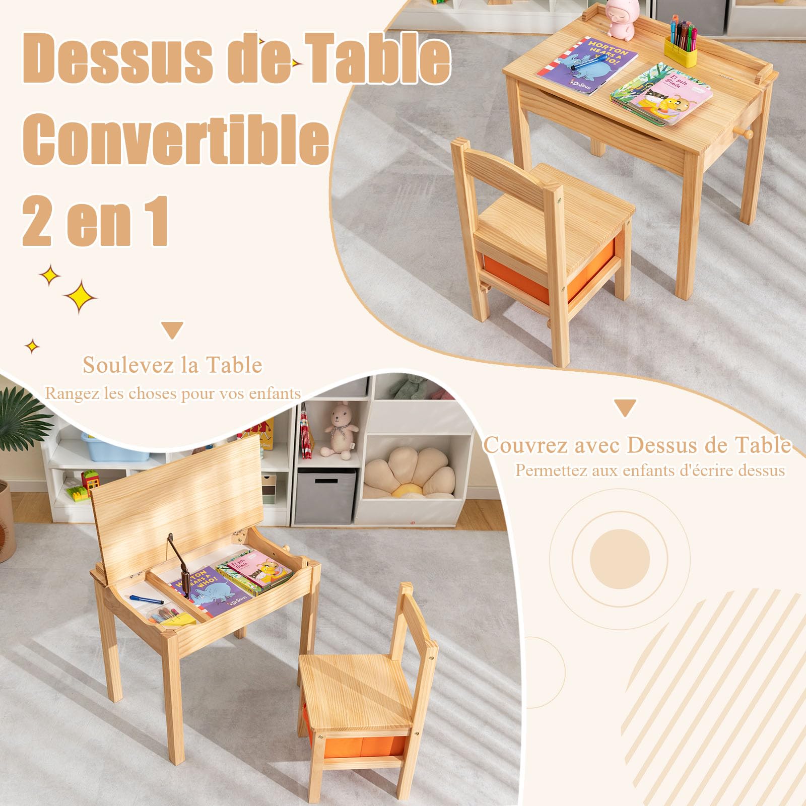 DREAMADE Bureau et Chaise Enfants 59x40x55CM en Bois,Table d'Étude Enfant 3+Ans,Plateau Rabattable,Crochet,Table et Chaise avec Tiroir en Tissu pour Fille Garçon,Charge 70KG (Naturel)