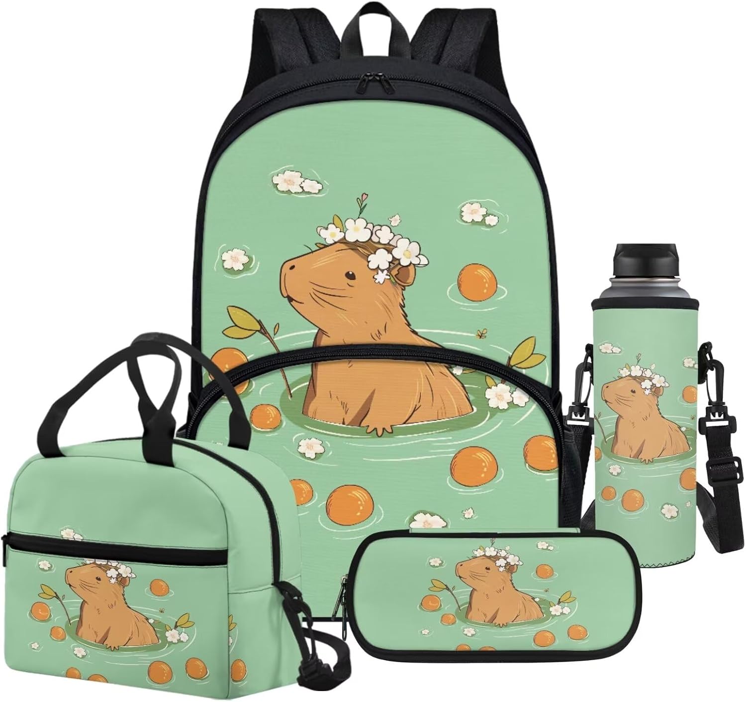 Capybara Backpack for Boy Girl Toddler,Cartoon Capybara School Bag Lunch Box Pen Stationery Case Water Bottle Holders Set of 4,Large Capacity Kids Backpack for School Travel Bags