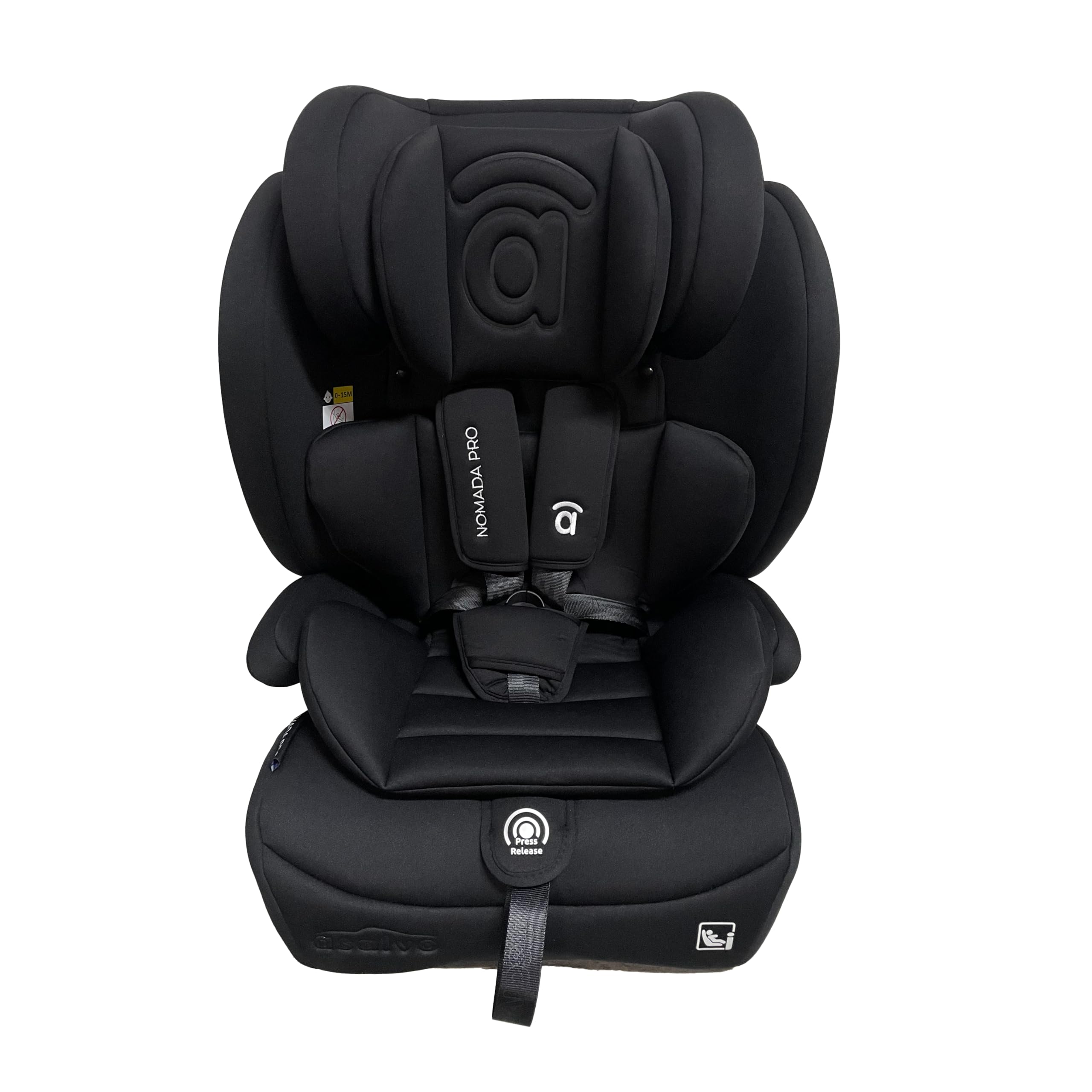Silla de Coche i-Size 76-150 cm (15 meses–12 años) Grupo 1 2 3, Ligera 5 kg, Instalación con Cinturón, Arnés 5 Puntos, Protección Lateral – Asalvo Nómada Pro Negro