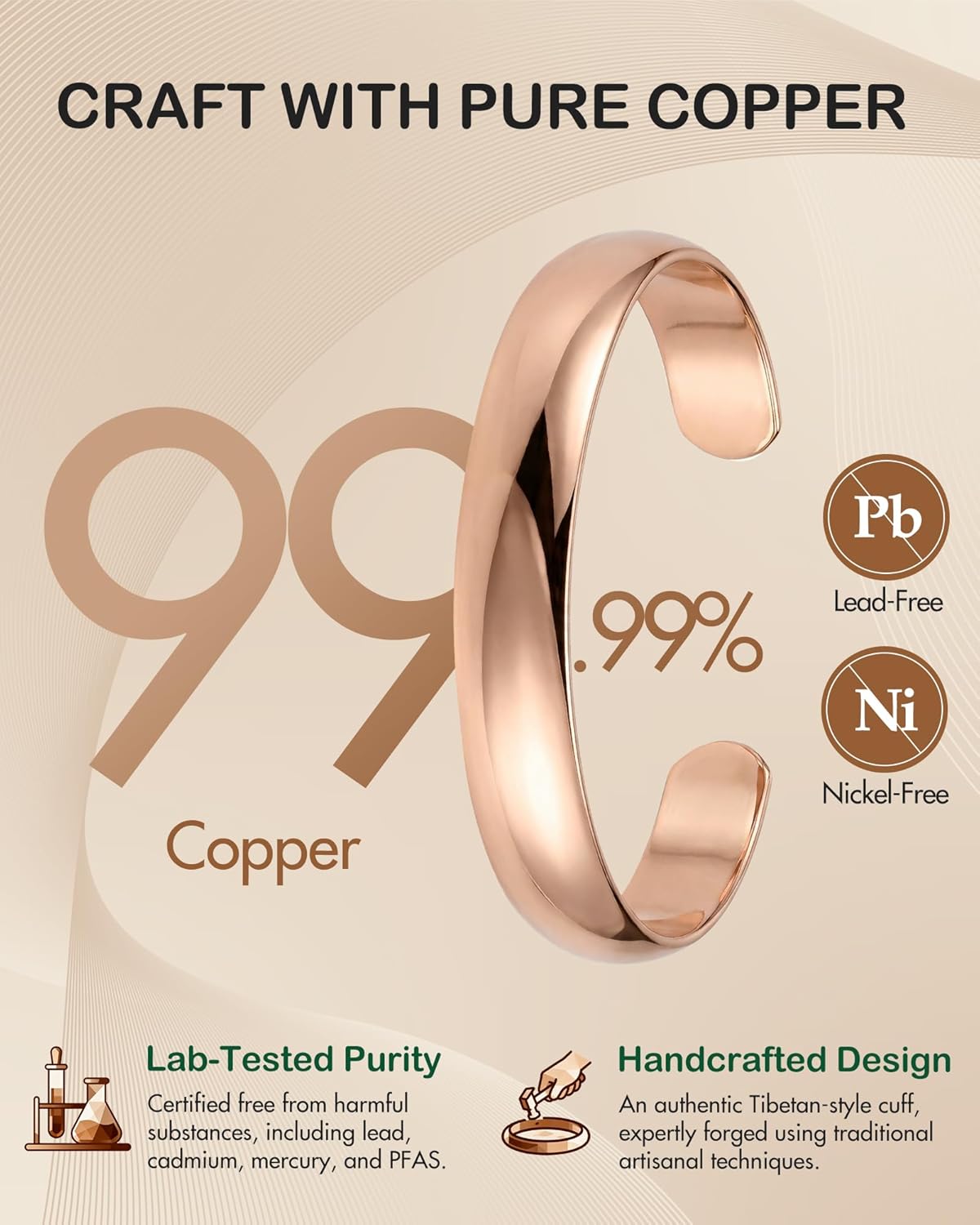 Feraco Pure Copper Bracelets for Women & Men, 99.99% Real Copper Tibetan Cuff Bangle, Adjustable Handmade Jewelry Gift - Image 3