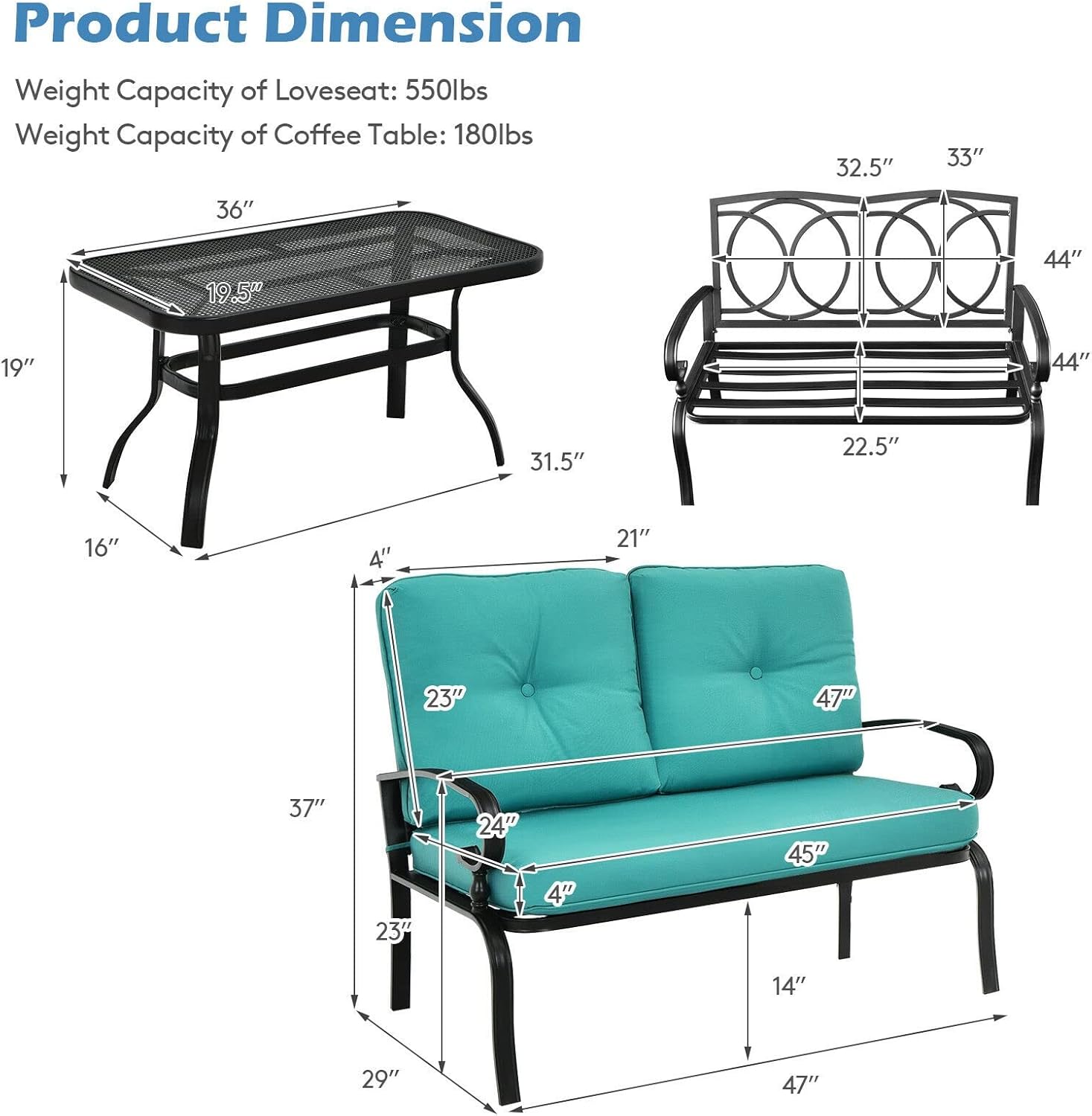 2PCS Patio Loveseat Bench Table Furniture Set Cushioned Chair Turquois Loveseat Coffee Table