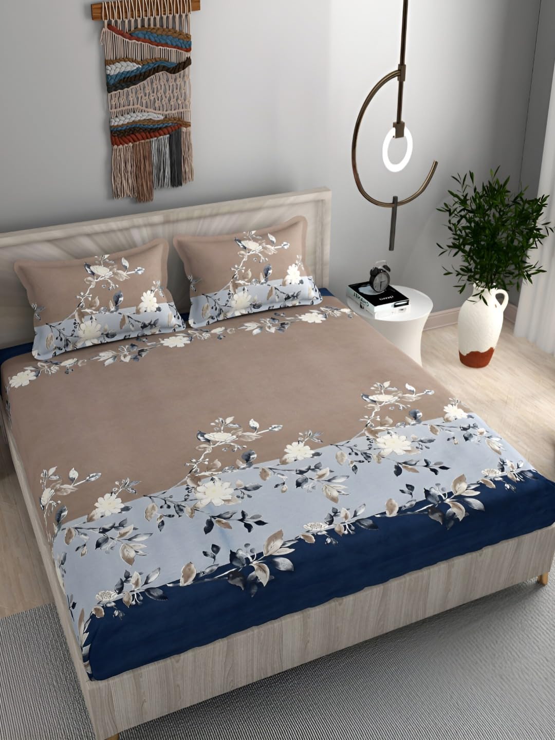 DECOMIZER Cotton Feel Glace Cotton Elastic Fitted Printed King Size Double Bed Bedsheet With 2 Pillow Coverm Fits Upto 8 Inches Mattress,Size- 72X78X10 Inches,Navy Patta, 300 Tc-picture-15
