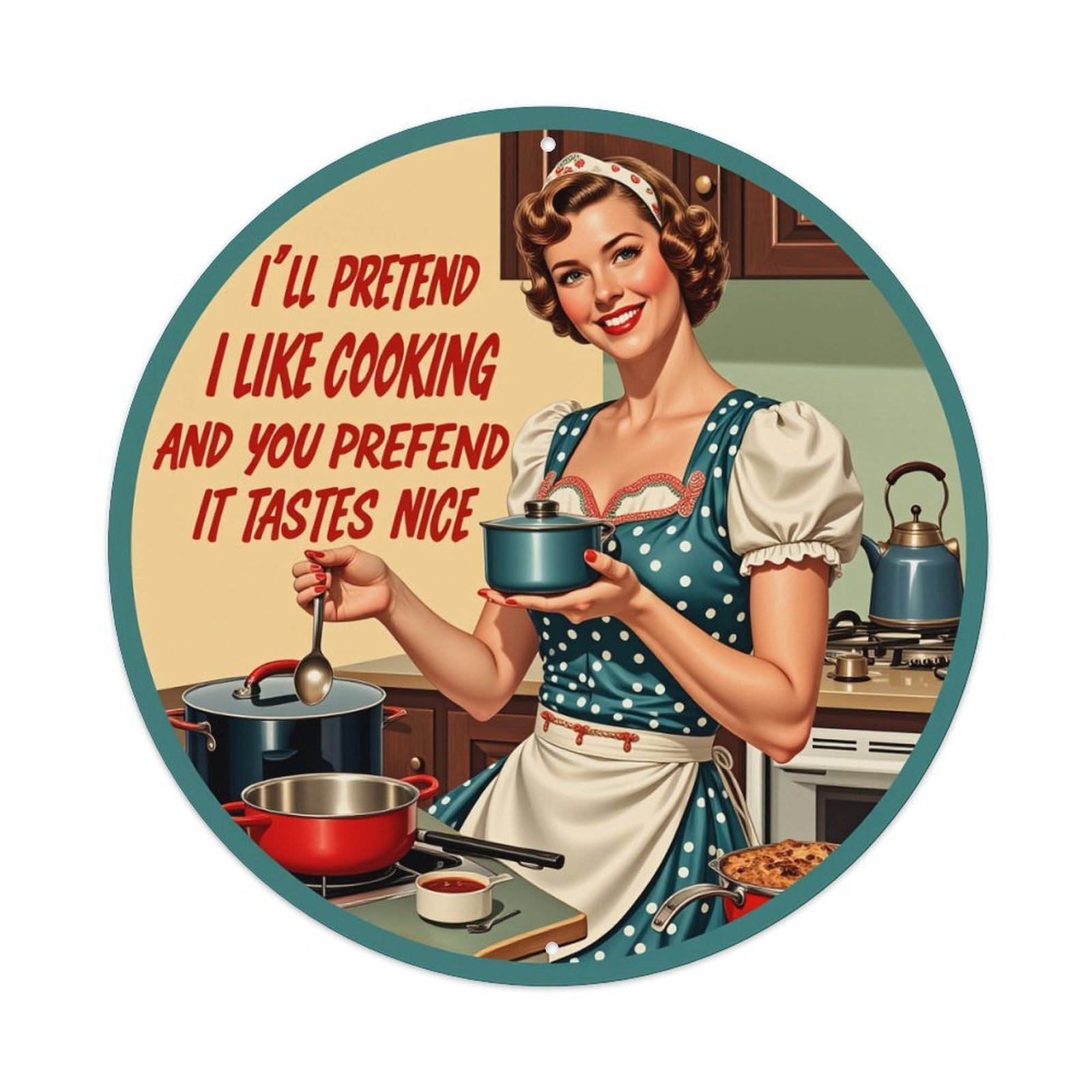 Retro Woman Cooking Kitchen Scene Round Tin Sign Retro Metal Sign for Cafe Bar Pub Home Game Room Gym Club Wall Decoration Vintage Metal Poster 8x8 Inch