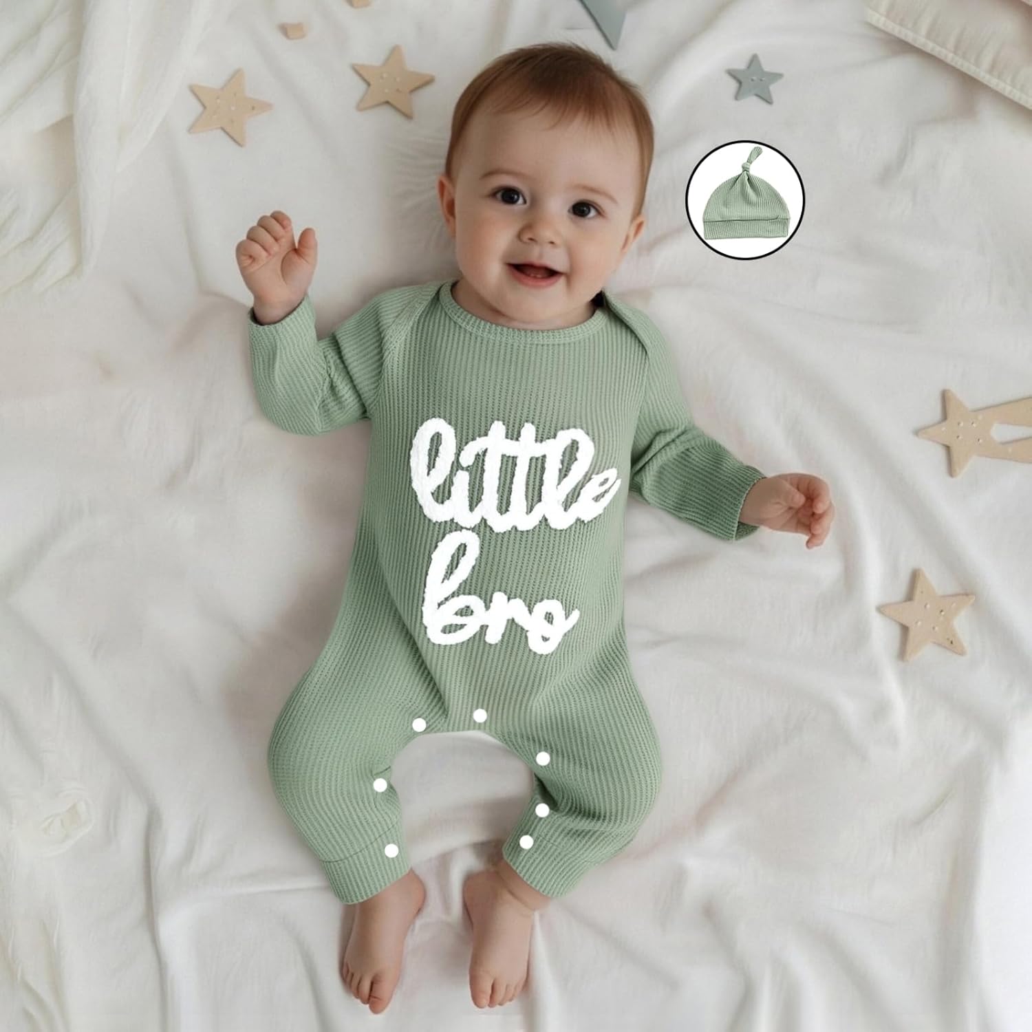 Yoawdats Newborn Little Brother Romper Baby Boy Waffle Knit Outfit With Hat Fall Winter Infant Clothes Set - Image 2