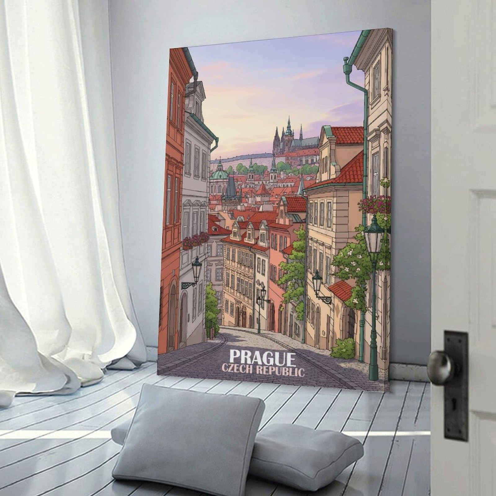 Junmoney Twilight Prague Street & Spires Canvas Wall Art 20x30inch(50x75cm), for Work Areas, Reading Rooms Or Studios, A Smart Decor Choice for Study Walls