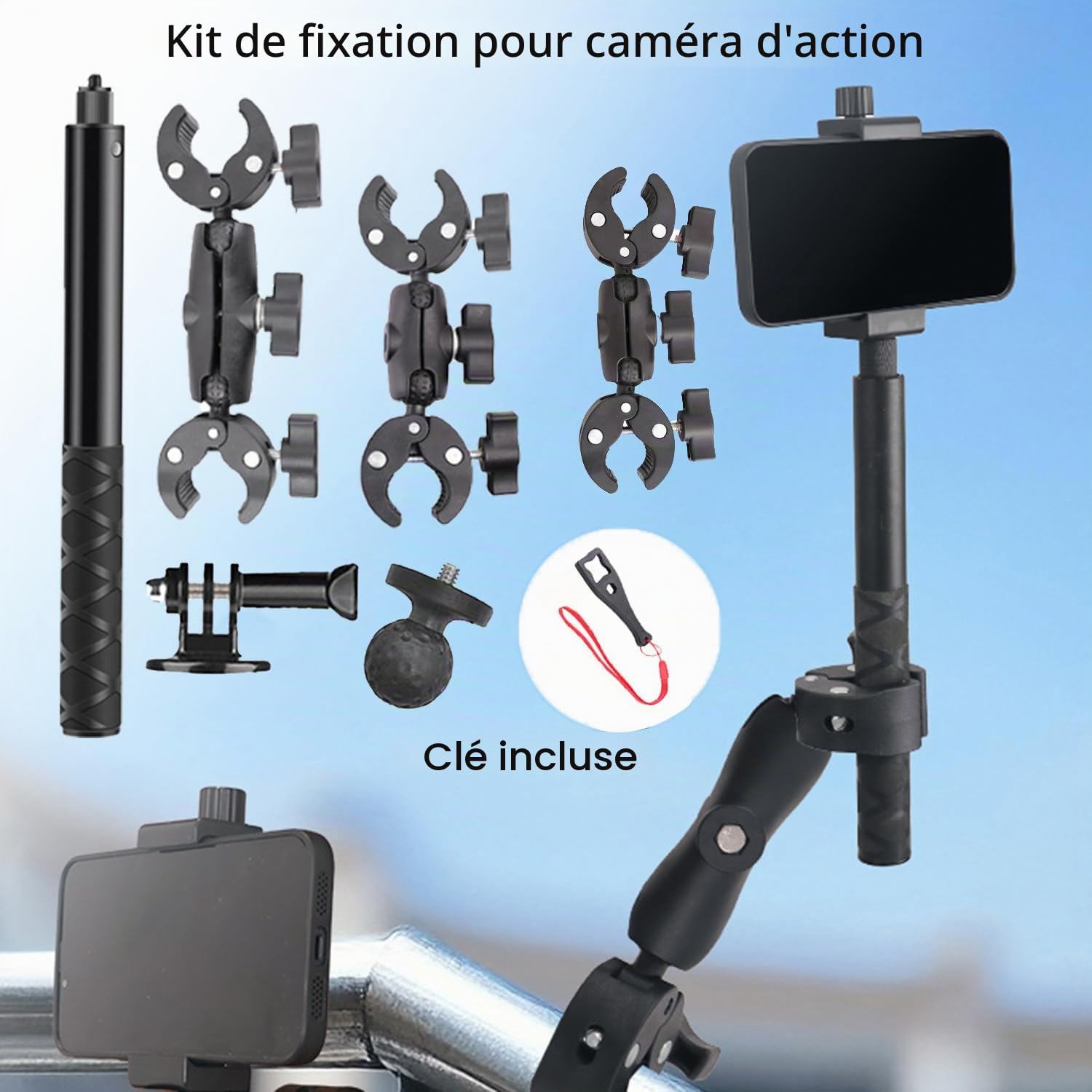 Perche pour Insta 360 x4,Camera Moto 360,Accessoires pour Insta 360 x4,Rotation à 360 Degrés,Double Pince,Aluminium,Double Stabilité,pour Insta360 x5,x4,x3,x2,pour One RS,pour Ace,Ace Pro
