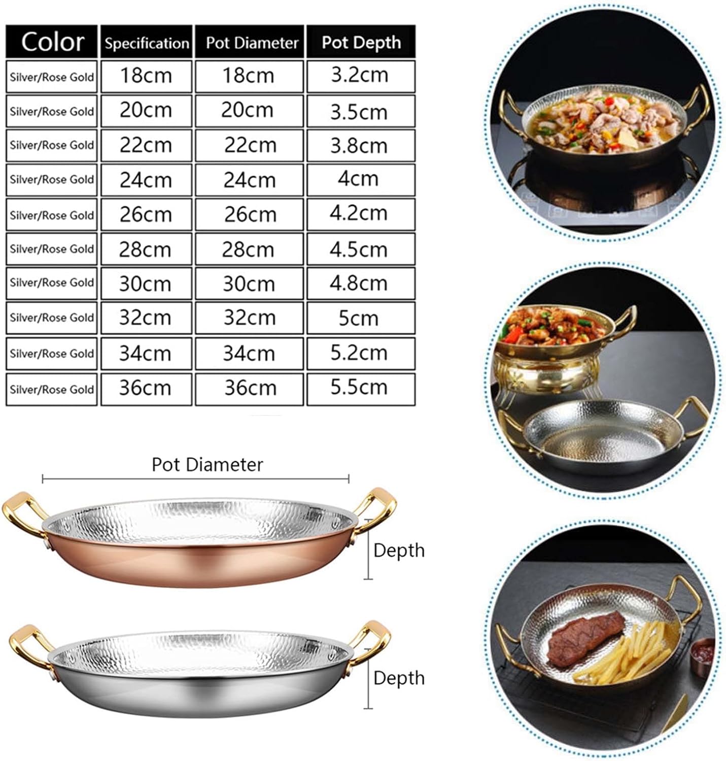 Spanish Paella Pan, 304 Stainless Steel Hand Hammered Non Stick Seafood Paella Pot with Dual Handle for Homes Or Restaurants,Rose Gold,24cm