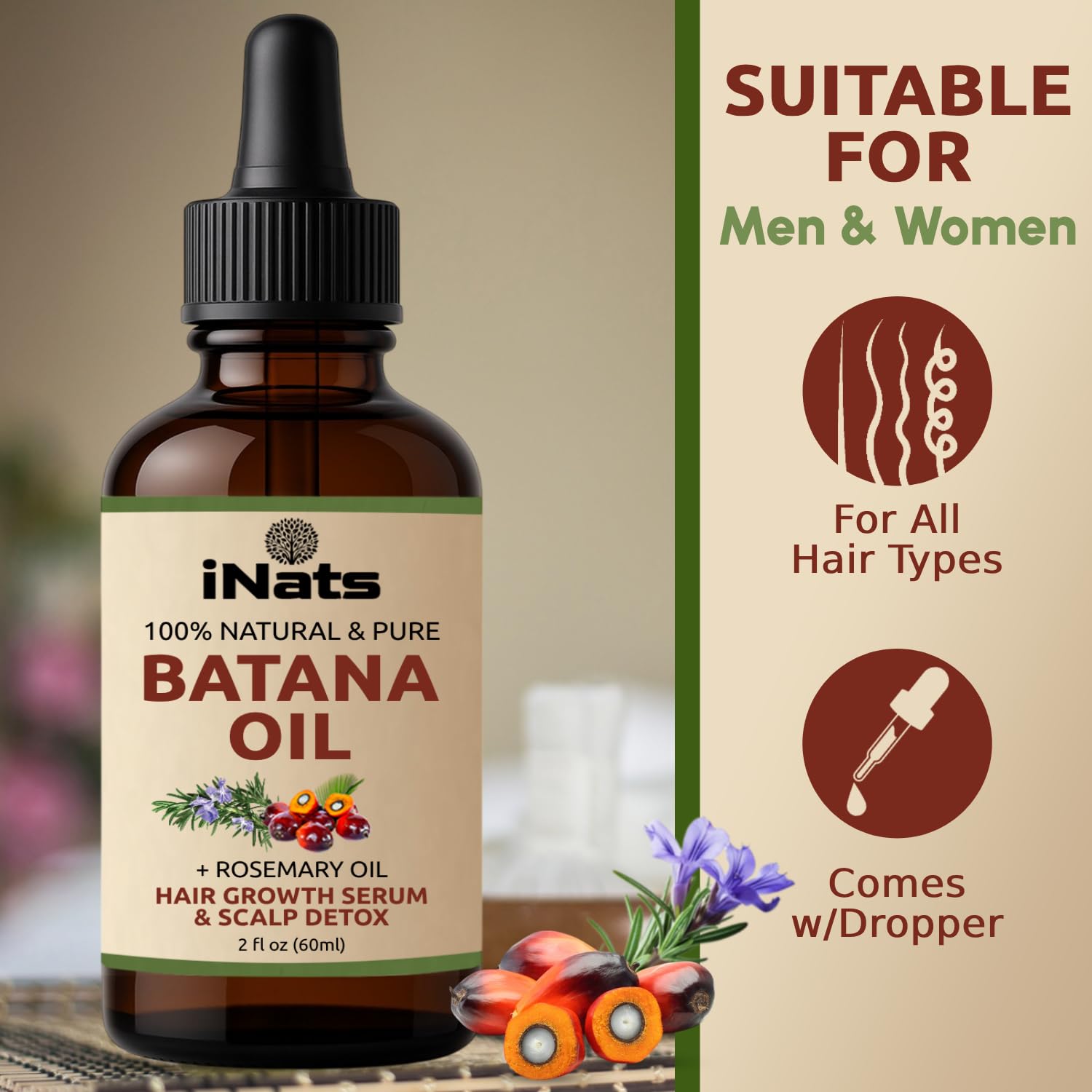 Batana & Rosemary Hair Growth Serum (2 Fl Oz) - Nourish & Detox Scalp for Thicker, Stronger, Longer - Dr. Sebi Recommended, Natural Hair Oil for Women & Men – Intensive Repair & Nourishing