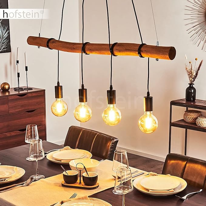 hofstein Hanglamp Seegaard, hanglamp van metaal/hout in zwart/bruin, 4 lampen, 4 x E27, in hoogte verstelbare hanglamp, zonder gloeilampen photo 2