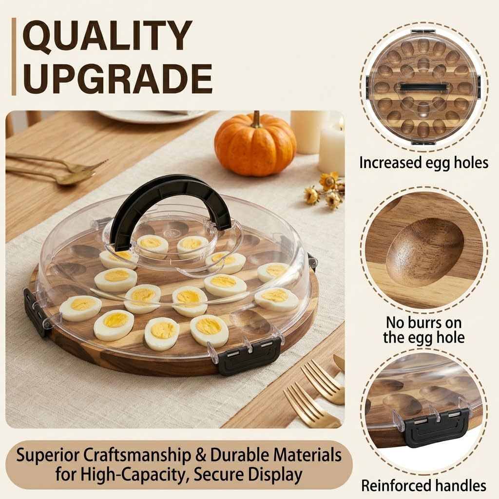 Deviled Egg Platter With Lid And Handle, Durable Wooden Deviled Egg Tray Carrier Storage 24 Eggs, Portable Round Deviled Egg Holder, Charcuterie Board For Party & Picnics, Gift Set For Easter