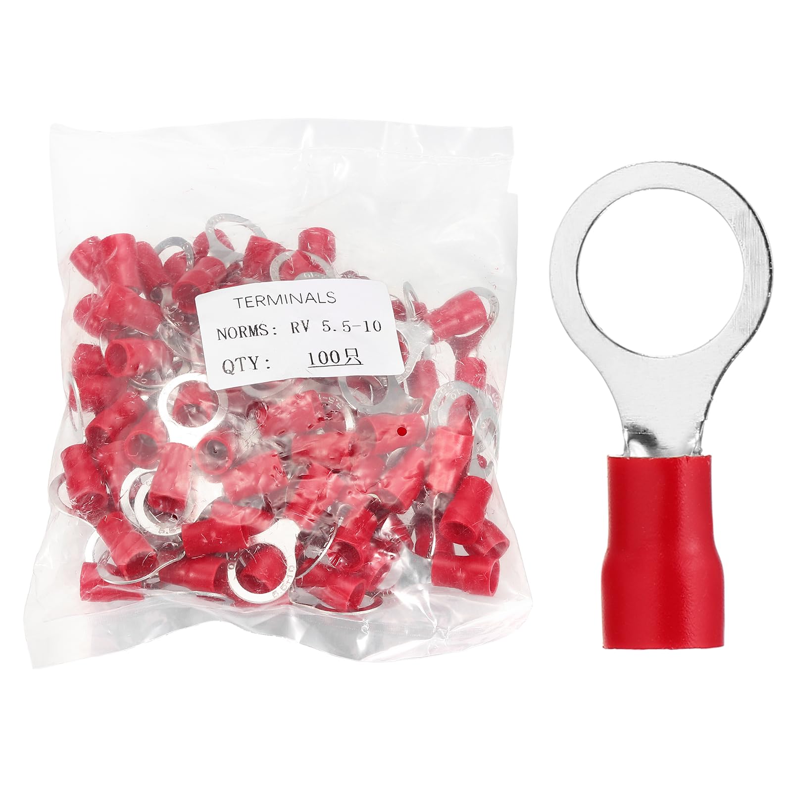 sourcing map 100pcs Terminals Ring Connectors #3/8" Tinned Copper Insulated Ring Crimp Terminals 12-10 Gauge for Electrical Industrial Chemical Project, Red