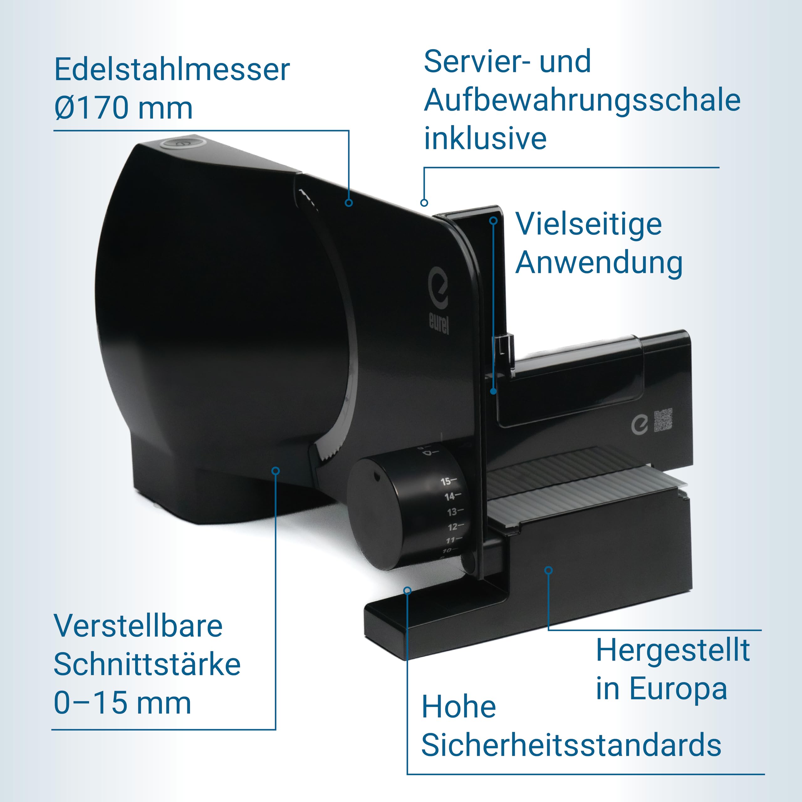 EUREL RS72 Allesschneider Elektrisch Schwarz – Brotschneidemaschine, 170 mm Edelstahlklinge, 0–15 mm Schnittstärke, EcoDrive 100 W Gleichstrommotor, Servier- & Aufbewahrungsschale