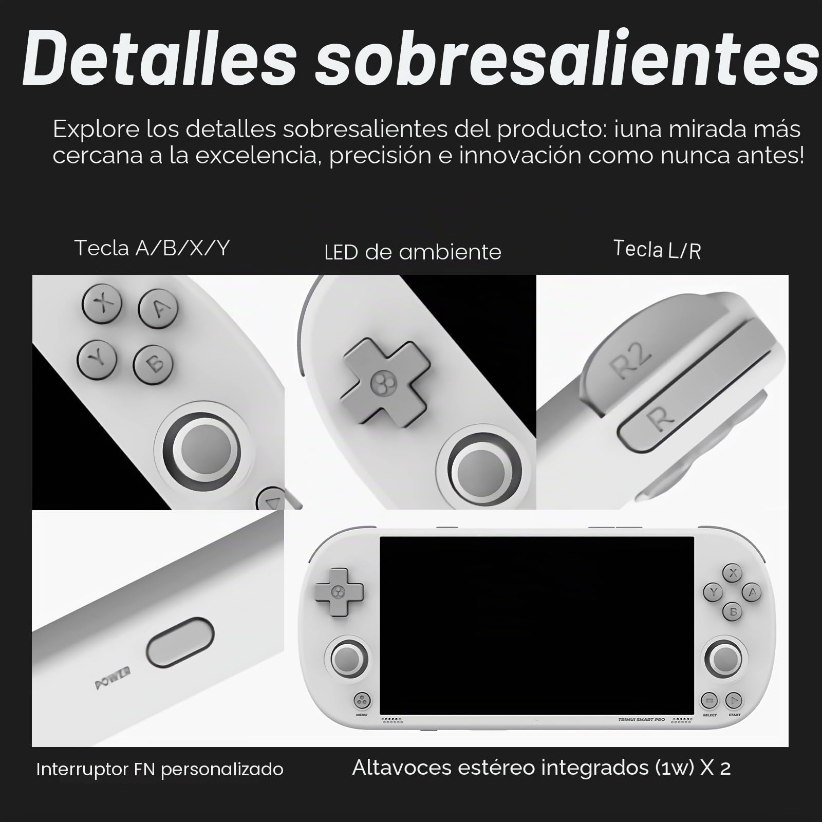 Trimui Smart Pro - Consola de juegos portátil con pantalla de 4.96 pulgadas, sistema Linux, tarjeta TF de 64G integrada, color blanco