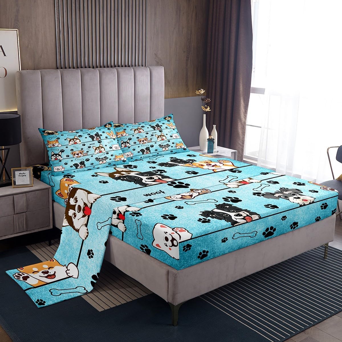 Manfei Cute Dog Fitted Sheet Set Full Size 4 Pcs,Black Paw Print Blue Teens Sheets,Cartoon Puppy Pet Animals Bedding Sets (1 Fitted,1 Flat,2 Pillowcases) Luxury Deep Pocket Bed Sheets - Image 3