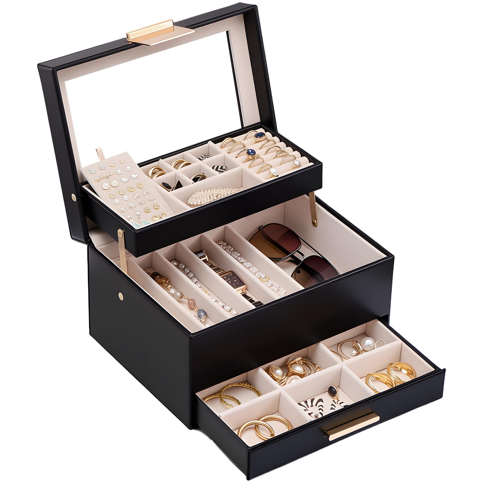 Lolalet Jewelry Box, Clear Window Jewelry Organizer with Drawer for Earrings Bracelets Necklaces Rings, Jewelry Storage for Women -Black, 3 Layers