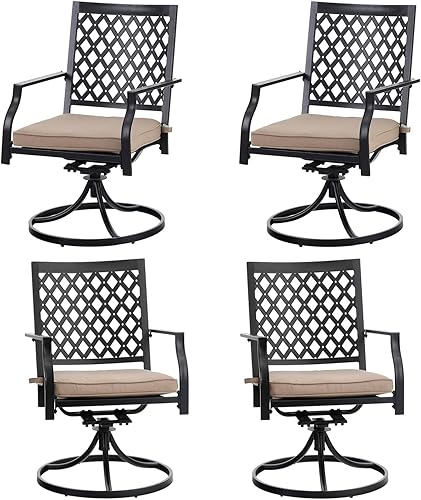 Miniatura 12 de PHI VILLA Juego de 2 sillas de comedor giratorias para patio, sillas de exterior con cojines, muebles de patio con reposabrazos, color negro Diseño