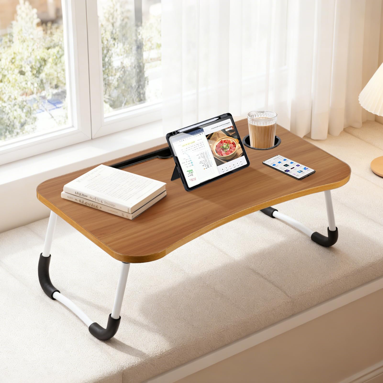 GREENSAPPIRE Laptop Bed Table with Foldable Legs - Height Adjustable Bed Tray with Cup Holder & Phone Slot, Portable Notebook Stand for Sofa Bed Floor Use (Walnut wood)