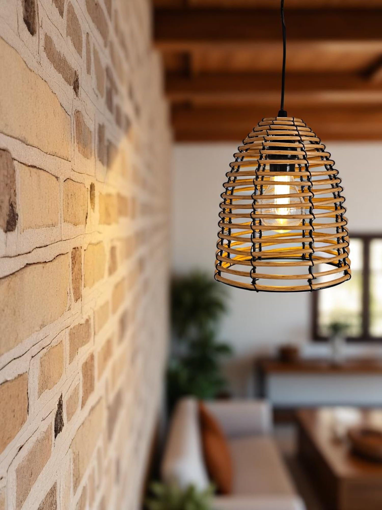 Meinposten LED Hängeleuchte in Rattan Optik für Außen und Innen - 18 x 16 cm - Garten Deko Beleuchtung warm weiß mit Timer - Outdoor Pendelleuchte Deckenleuchte Lampe Batterie betrieben zum Hängen