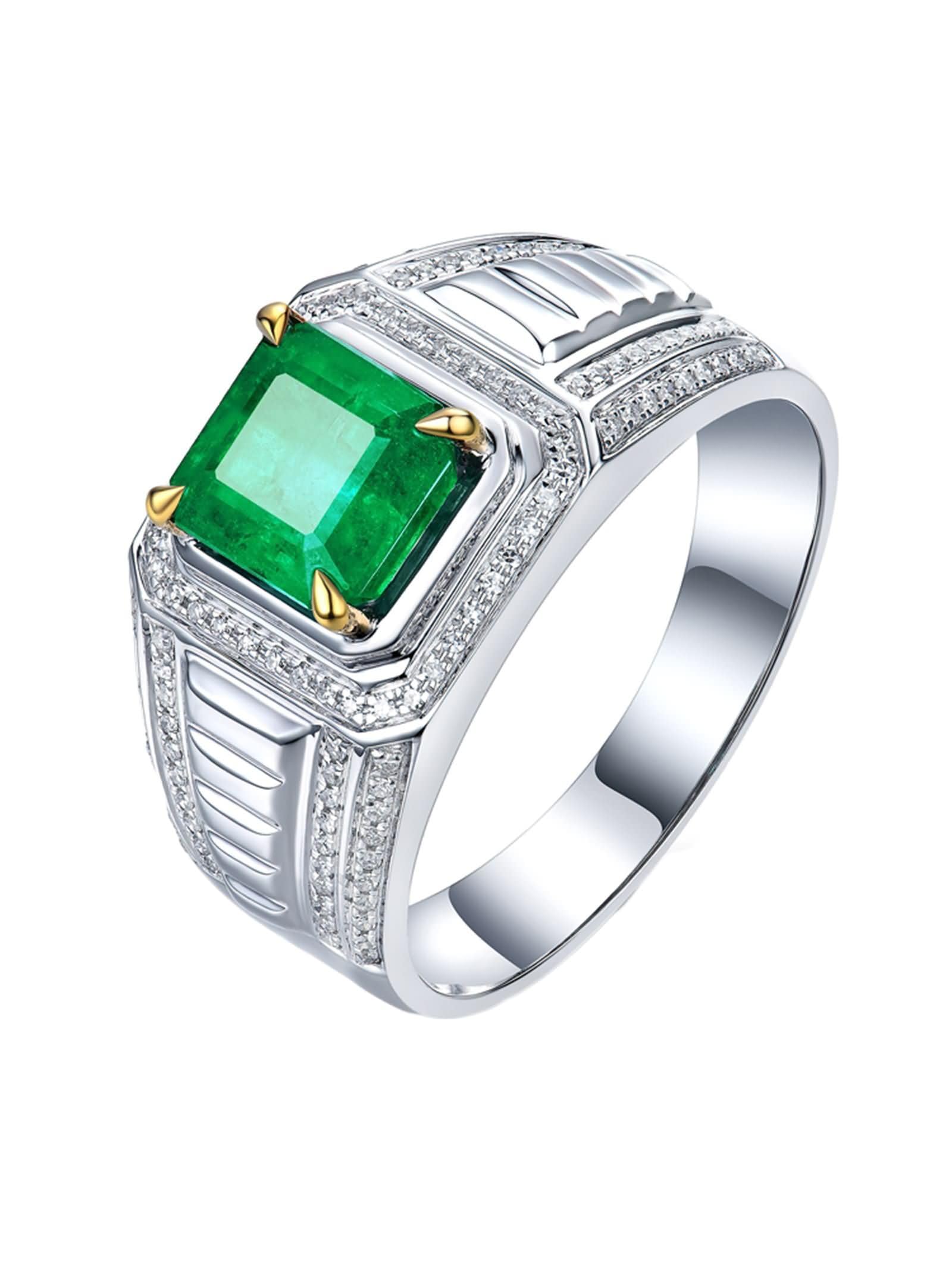 Pierścionki Fedina 9Kt / 14Kt / 18 Kt Białe Złoto Mężczyźni, 4 szczęki 1,5 ct Szmaragd Kwadratowy Diament, Pierścionek Ślubny Męski Zielony Srebrny