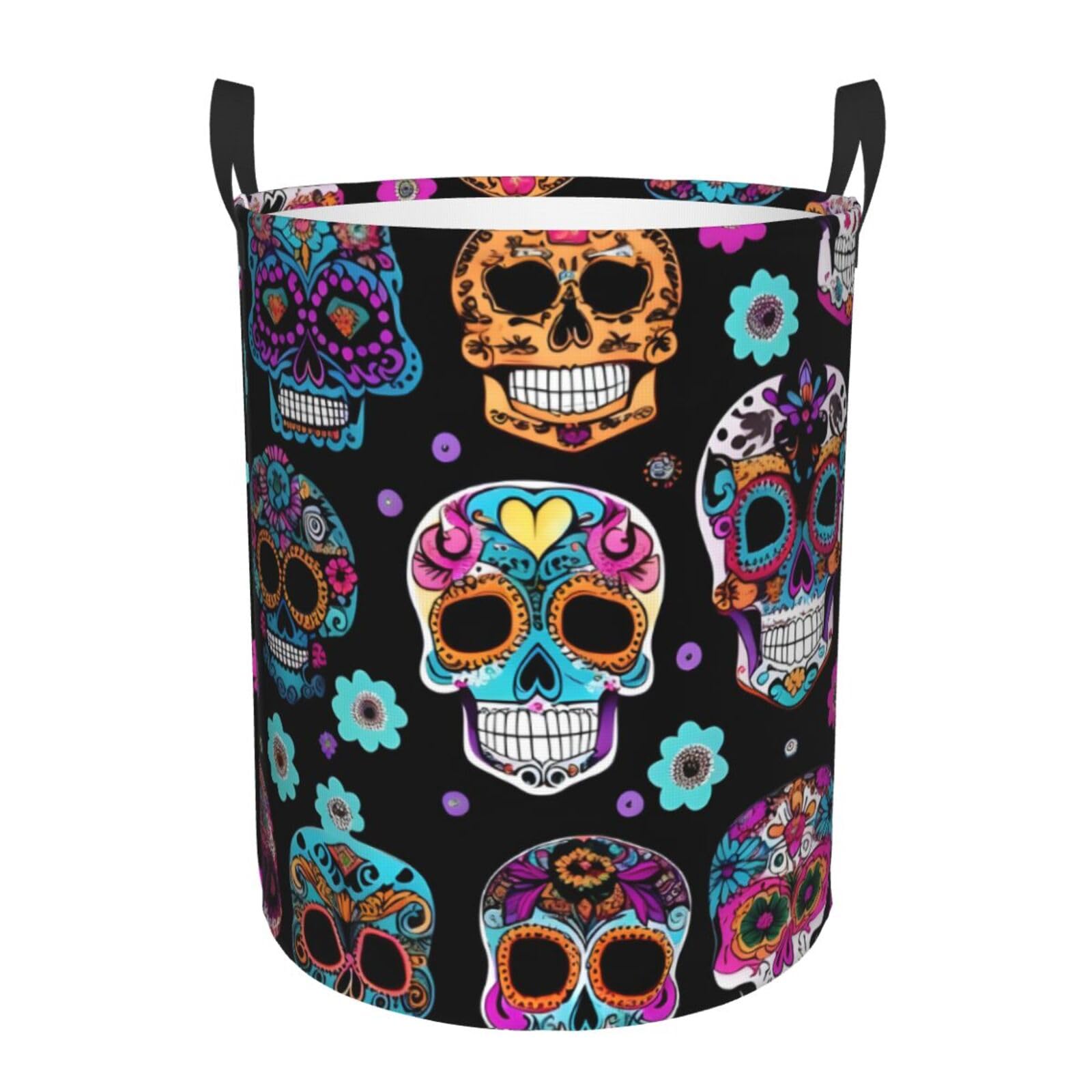 S Collapsible Round Sugar Skull Print Laundry Hamper