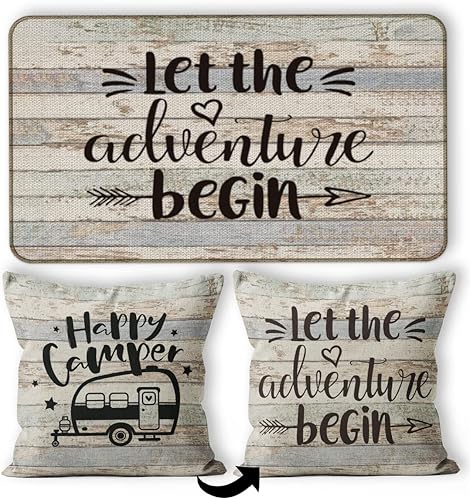 Felpudo decorativo de 17 x 30 pulgadas, Happy Camper Let The Adventure Begin, reversible, 18 x 18 pulgadas, juego de 2 piezas (1 funda de almohada,
