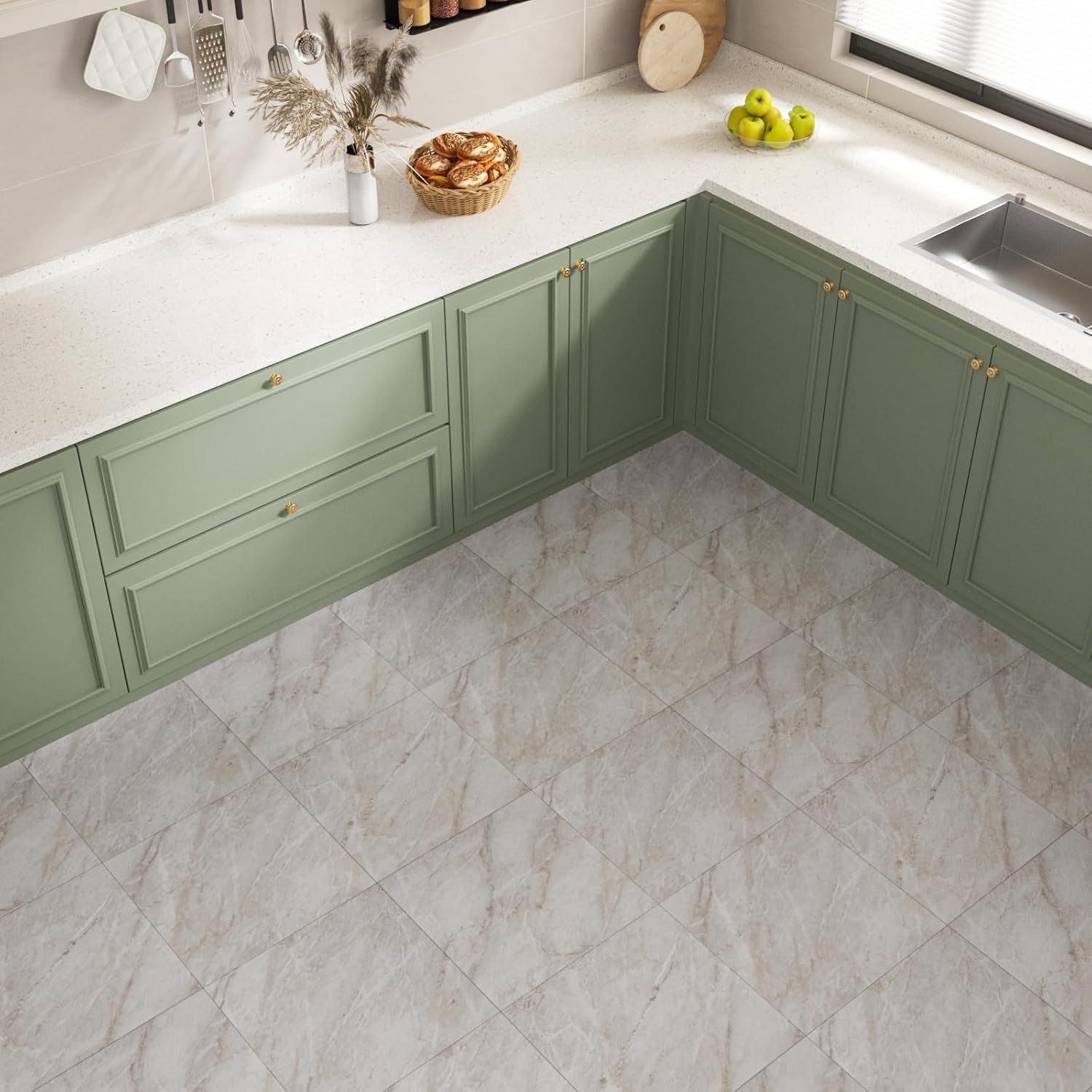 VaryStyle 12"x12" Bathroom Floor Tiles Peel and Stick Waterproof Marble Floor Tile Removable Sticky Tiles for Floor Beige Gold Vinyl Flooring Laminate Sheet for Kitchen Bedroom Living Room 18-Pack