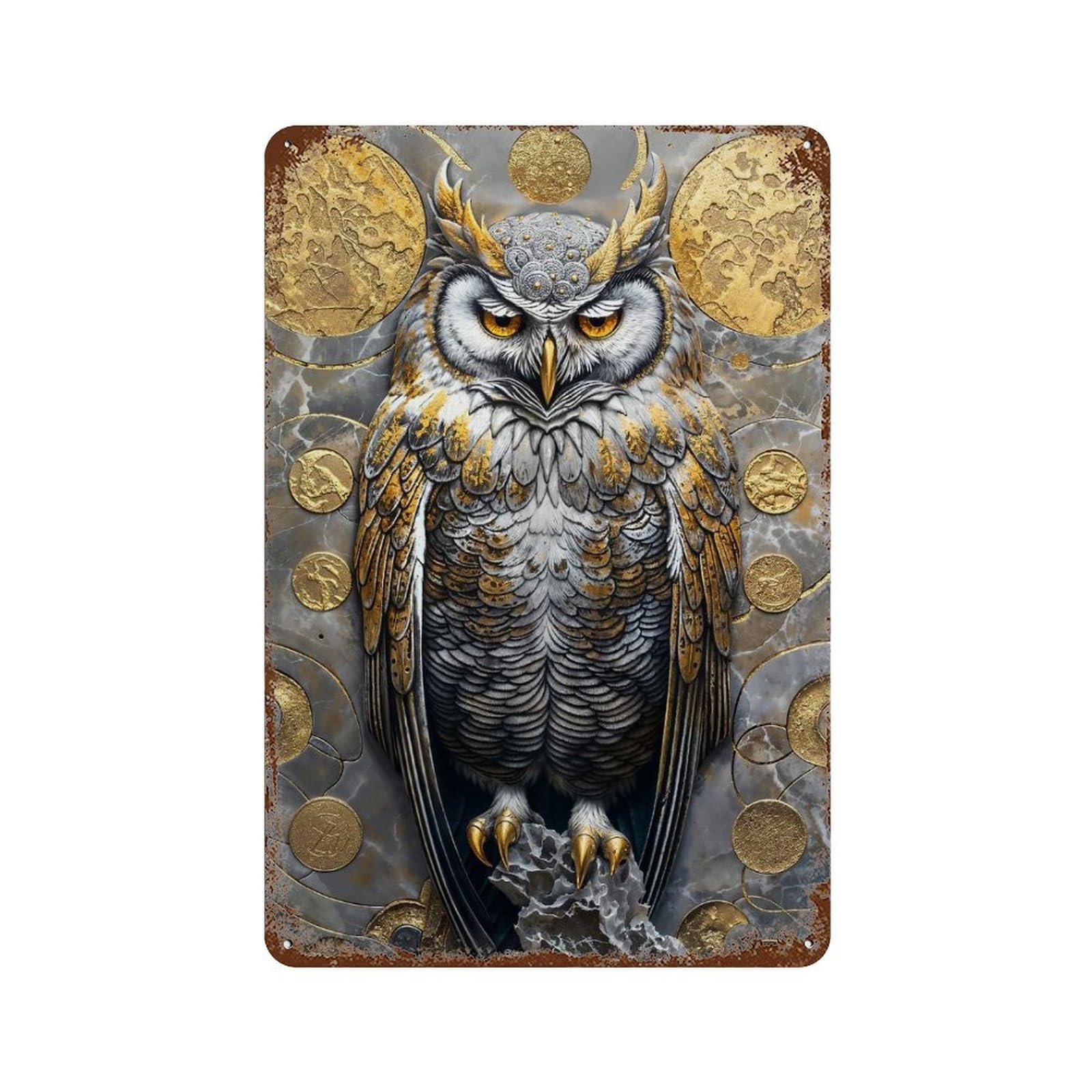 Golden Owl Guardian Majesty 11.8"x7.9" Rustic Tin Plaque, Industrial Home Decor for Farmhouse, Kitchen And Entryway Decor