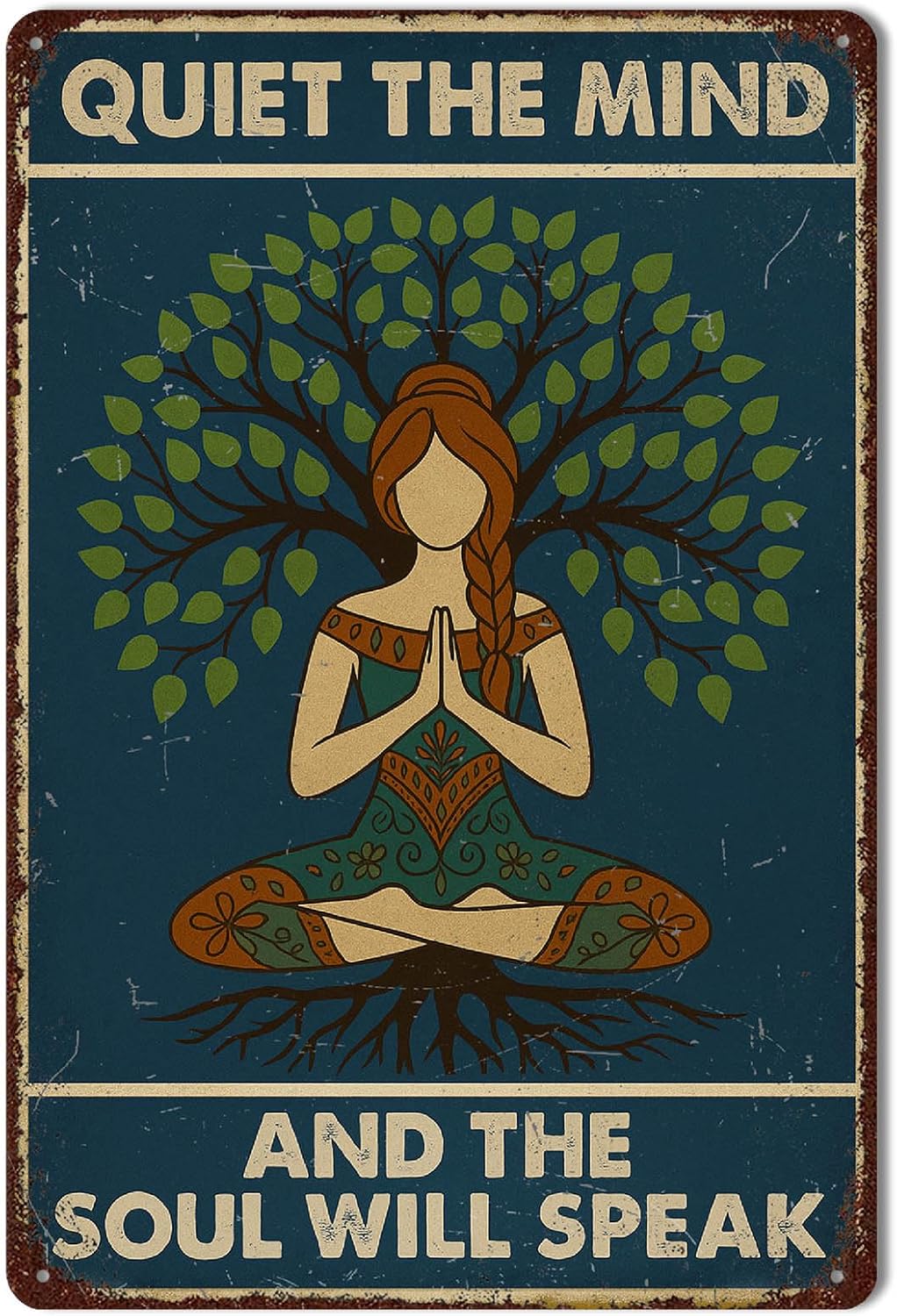 Meditation Wall Art Metal Tin Sign – Zen Decor and Yoga Wall Decor with “Quiet the Mind and the Soul Will Speak”, Spiritual Wall Art and Mindfulness Gift for Women, Yoga Studio, Meditation Room, or Home, 8x12 Inch