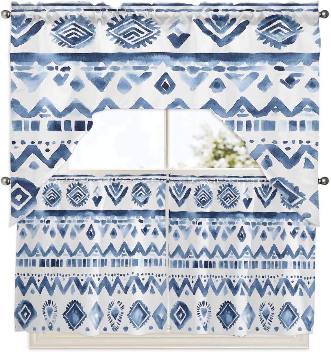 Southwestern Boho Swag Kitchen Curtain Sets with Valance,3 Pieces Blue Aztec Oriental Abstract Patterns Curtain Drapes Rod Pocket for Bedroom Living Room Bathroom Windows,56"x36" & 24"x27.5"x2Panels
