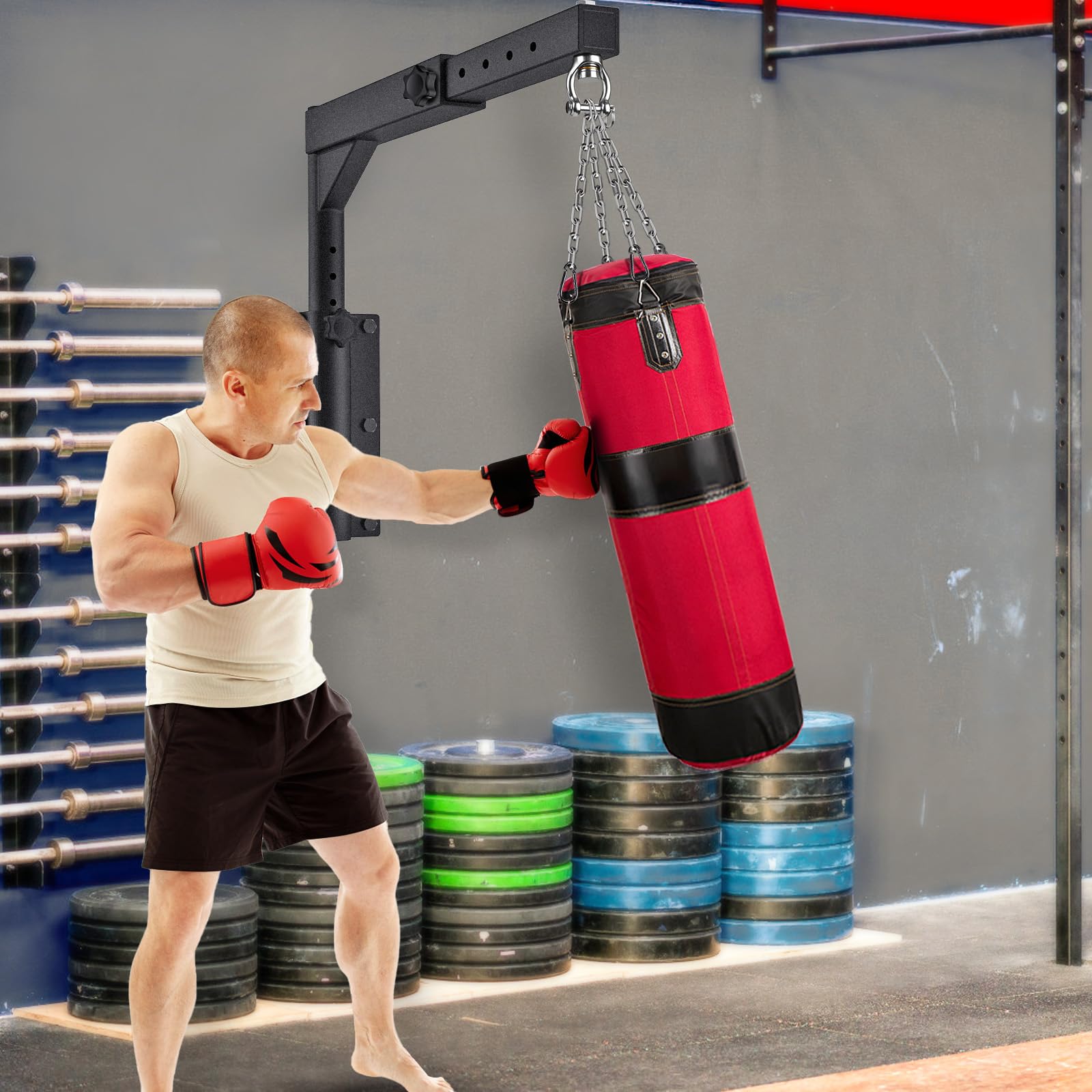 Dolibest Support mural pour sac de frappe, cadre de sac de boxe, support de sac de boxe, support pliable à 360°, crochet pivotant à 360°, longueur réglable de 44 à 64 cm et hauteur de 33 à 45 cm pour