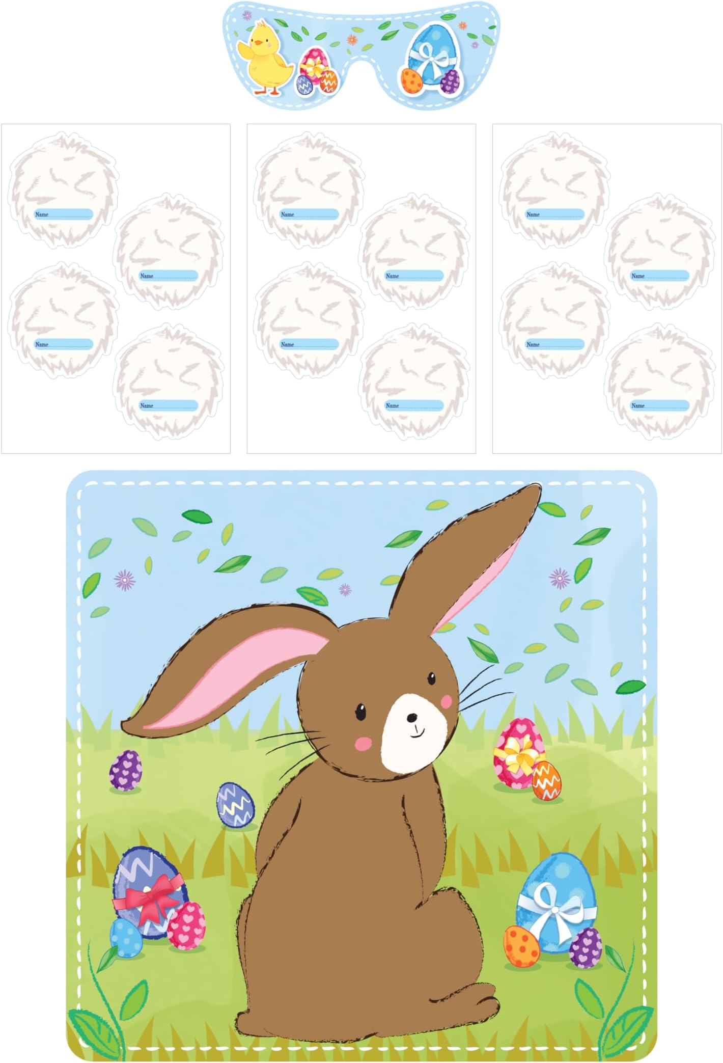 HENBRANDT 1 x Stick the Tail on the Bunny Easter Party Game for Kids - 14 Pieces Including Poster Blindfold Fluffy Tail Stickers Fun Spring Activity Games Children