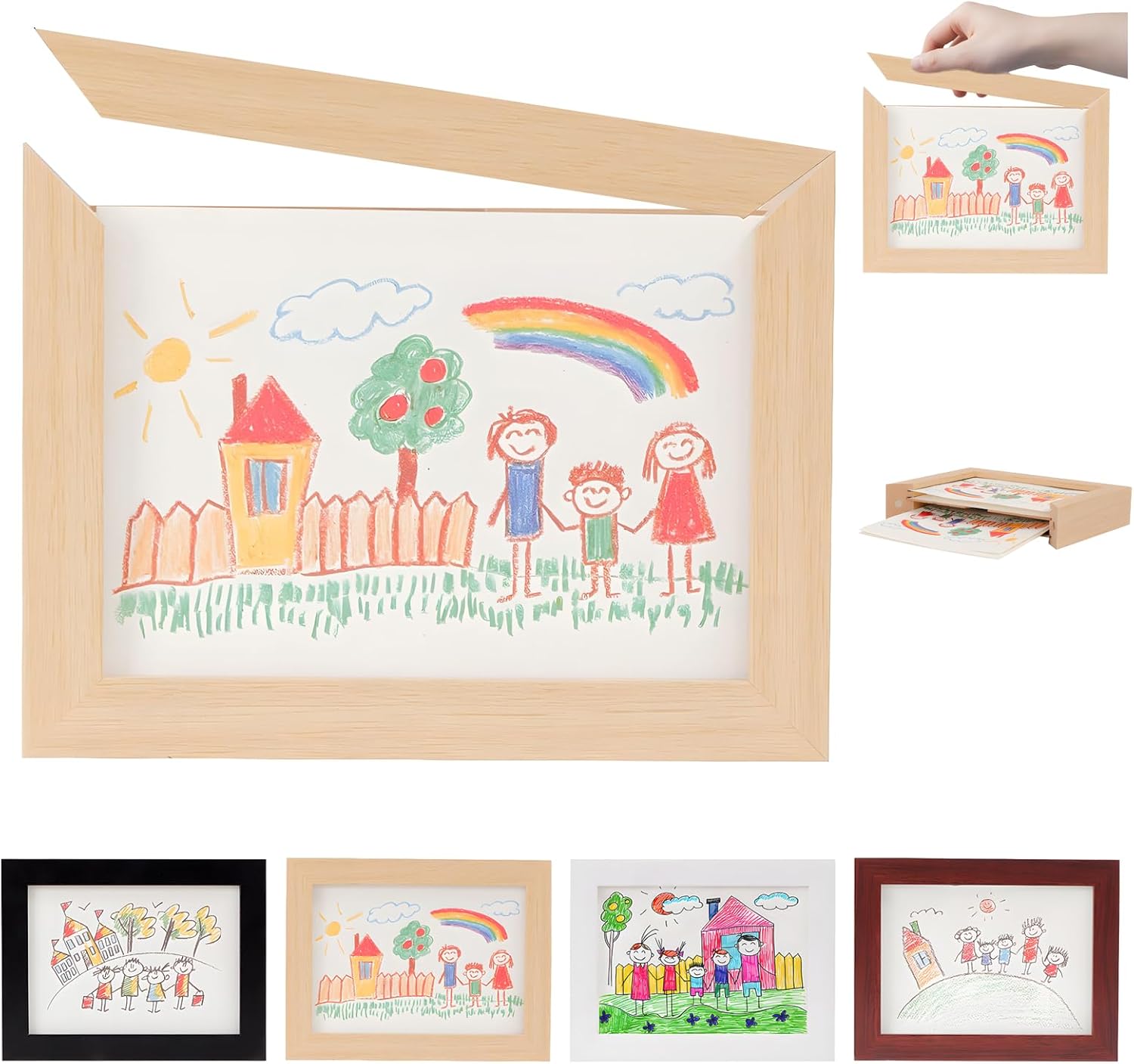 Kids Artwork Frame Front Opening, Wooden Rotating Storage Photo Frame, Large Capacity Art Display Frames with Glass, Easy Change Kids Art Frame for Wall Decor (Natural Wood, 12X16.8)