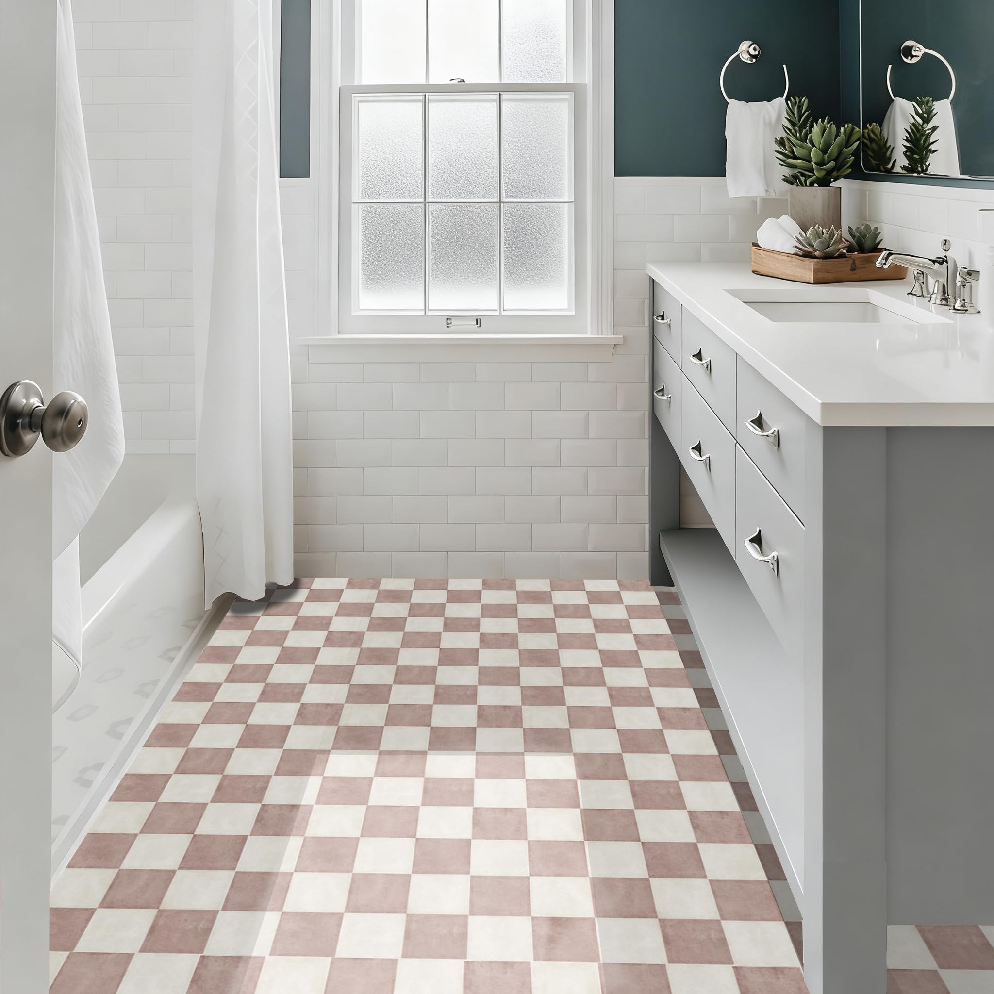 Alwayspon 30 x 30 cm x 10 unidades autoadhesivas para pisos de suelo, pegatinas de vinilo antideslizantes impermeables para decoración de cocina, baño, salón, blanco y rosa a cuadros