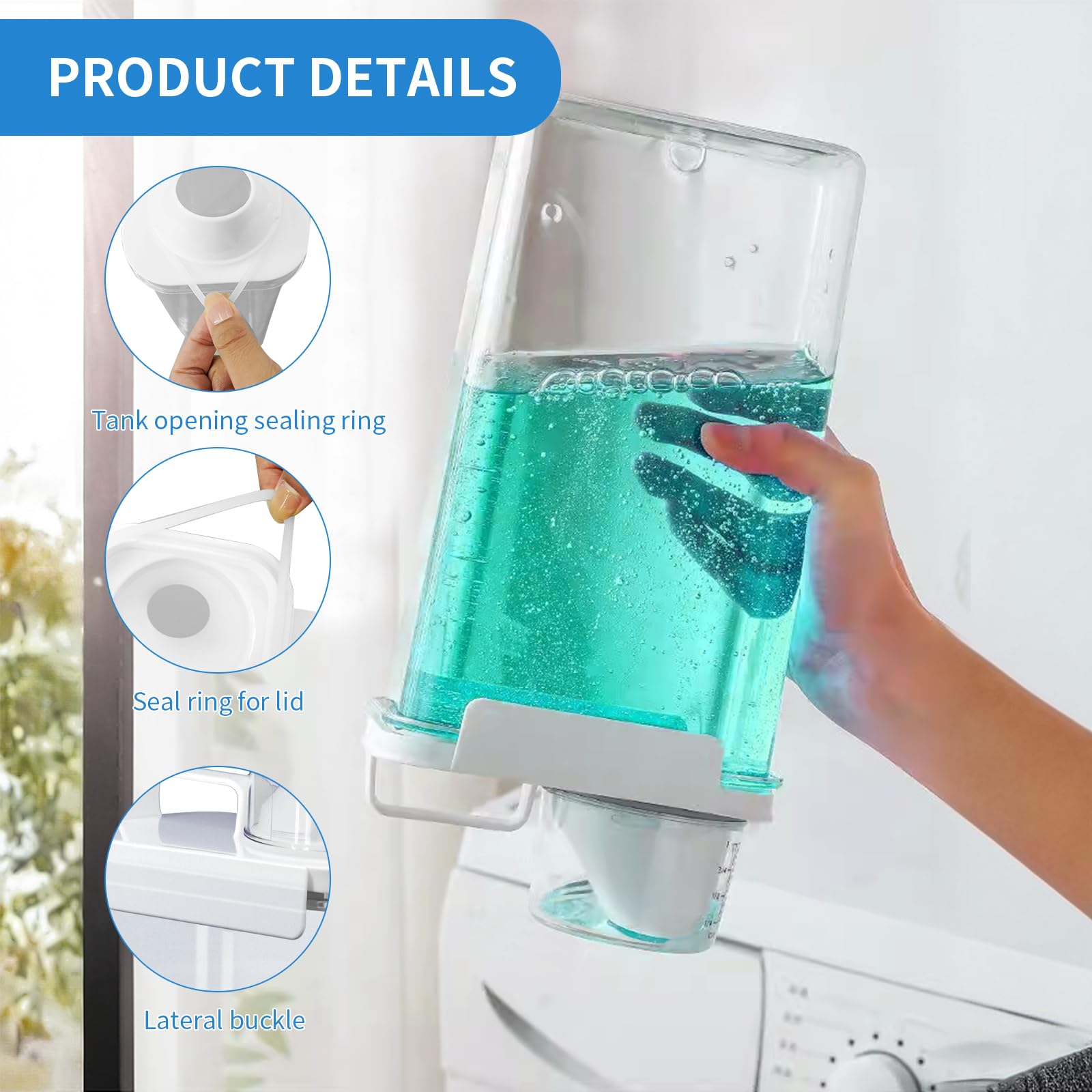 Flüssigwaschmittelspender, 2,2 l, transparenter Seifenpulverbehälter mit Deckel, Weichspüler, Bleichmittelspender für Lagerung, Waschküche, 5 Stück