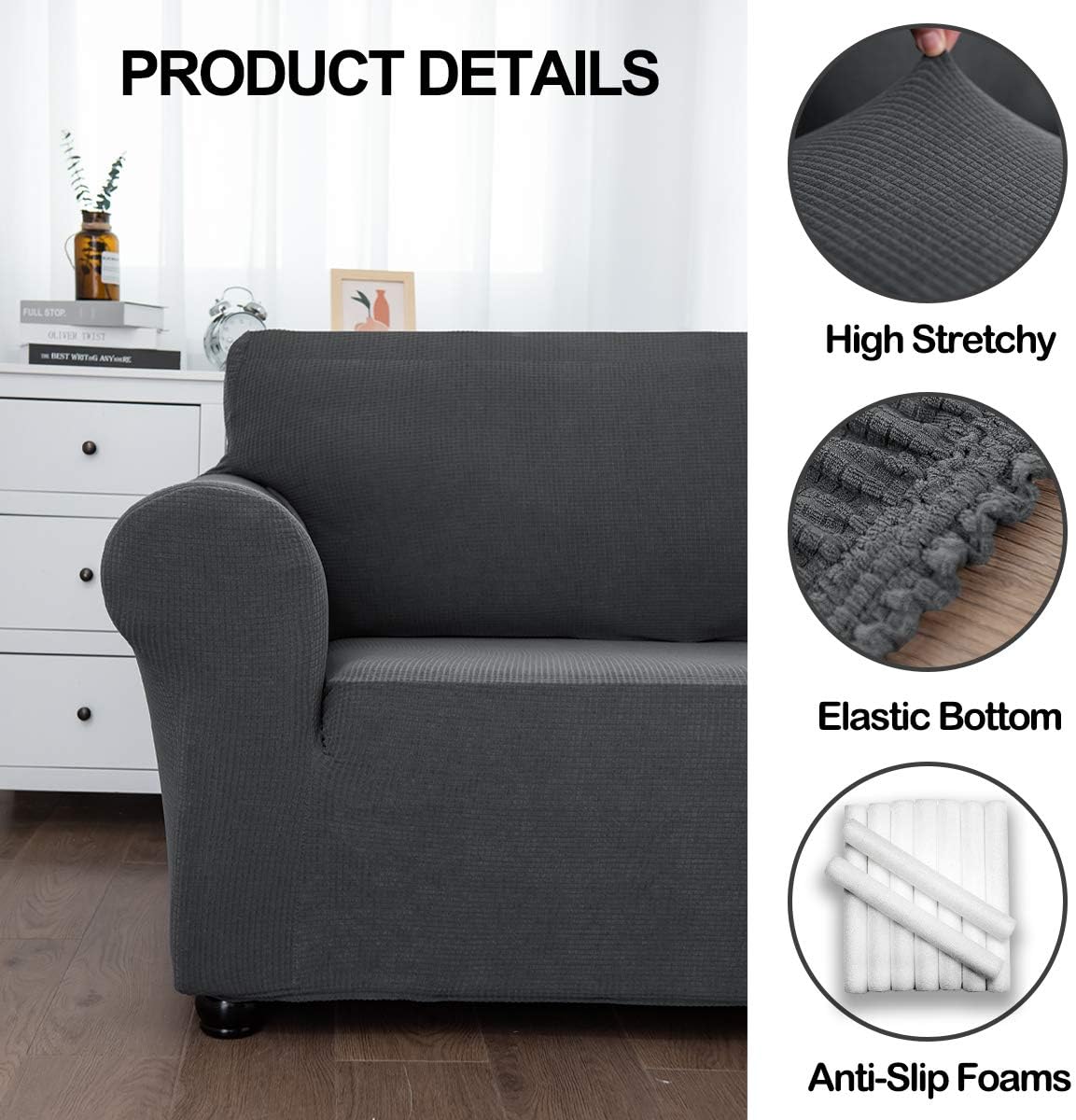 AZAMIA Stretch Sofa Slipcover (78"-95") for 3 Cushion Sofa, Oversized Water-Repellent Non-Slip Couch Sofa Cover Furniture Cover with Non-Skid Foam and Elastic Bottom for Kids Pets (Dark Grey)