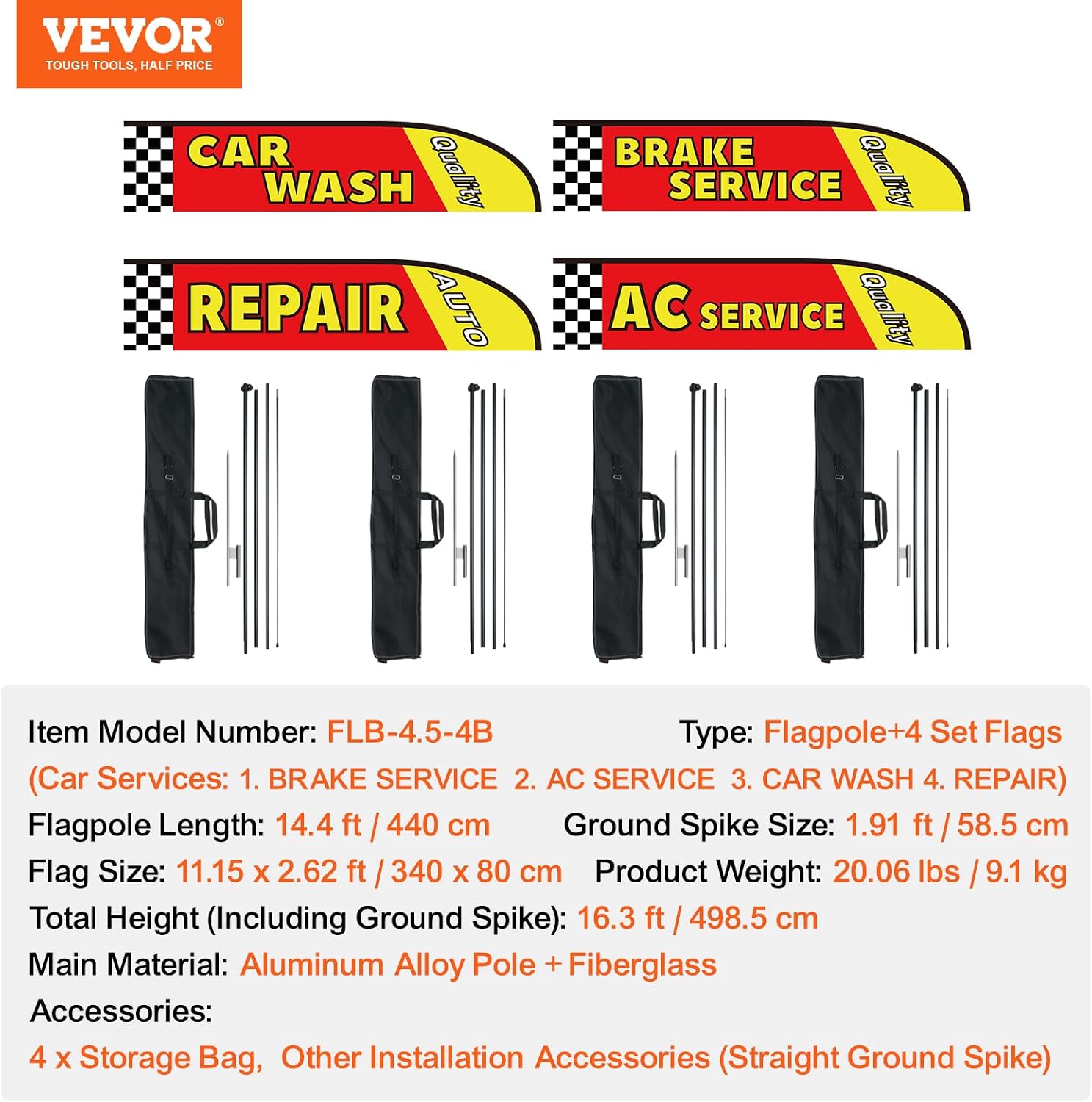 VEVOR Auto Repair Feather Flags with Pole Kit, 16.3 Feet Advertising Flags for Business Outside, Auto Repair Shop Flag Sign, 4 Banner Flags, 4 Ground Stakes, Swooper Flag Banner Kit